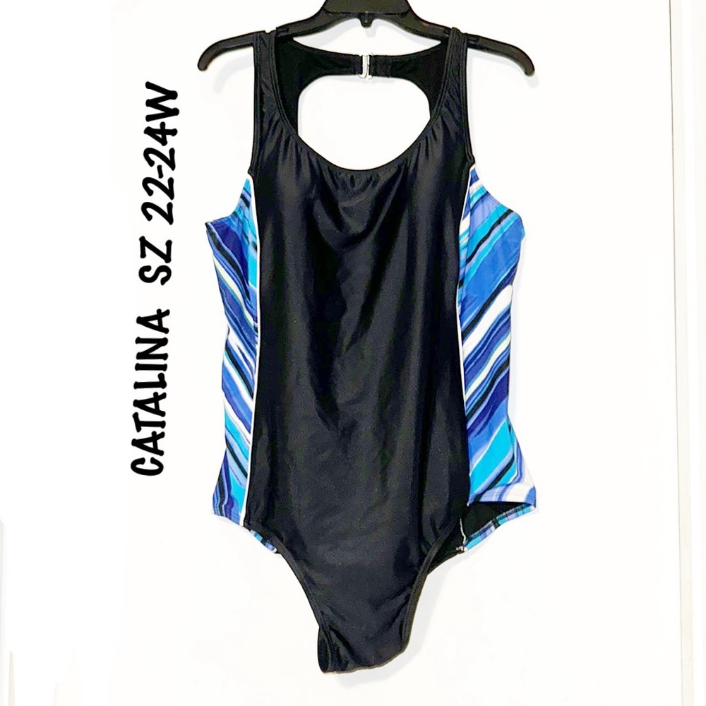 Catalina Black and Blue Striped Women's One piece Swimsuit SZ 22/24W EUC